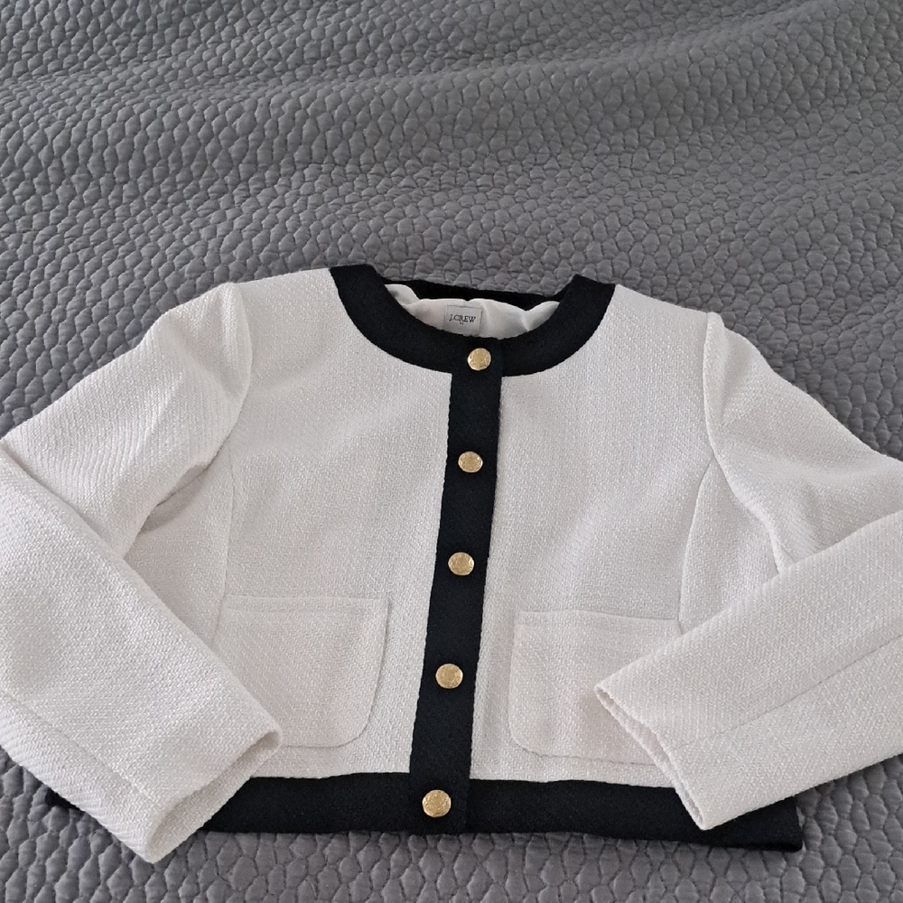 J. Crew White Cropped Tweed Jacket with Black Trim